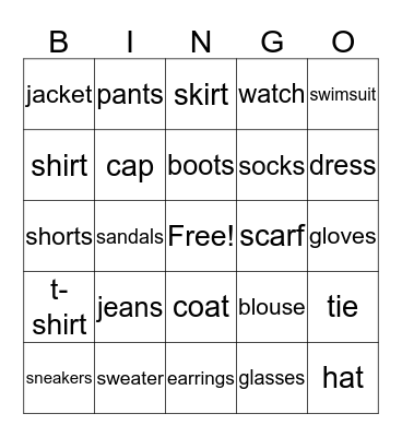 Different Types of Clothes Bingo Card