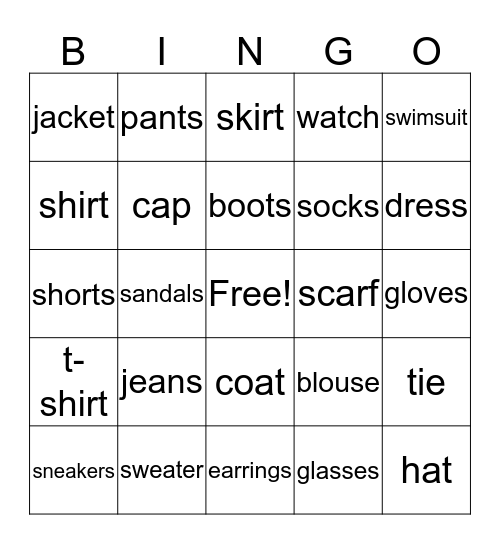 Different Types of Clothes Bingo Card
