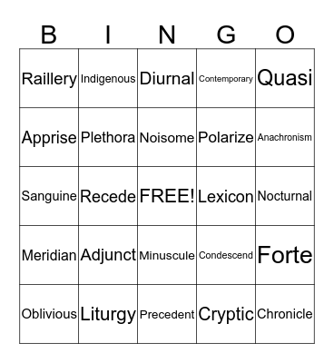 Vocabulary Review Bingo Card