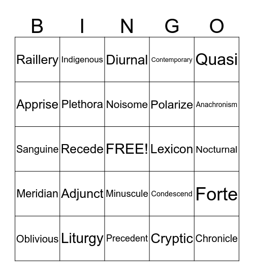 Vocabulary Review Bingo Card