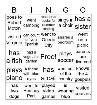 Over the Summer Third Grade SS Bingo Card