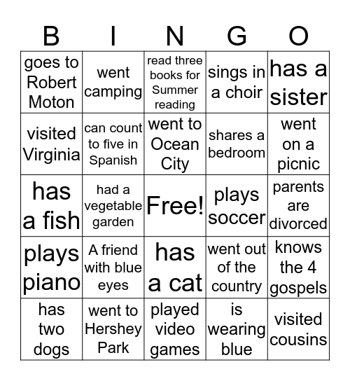Over the Summer Third Grade SS Bingo Card