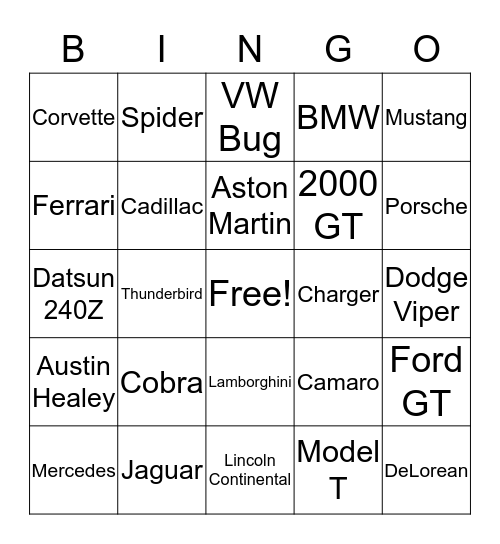 Vintage Cars Brands Bingo Card