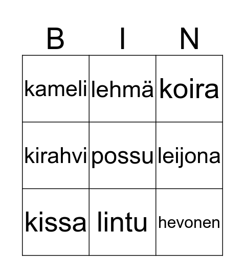 eläin bingo Card