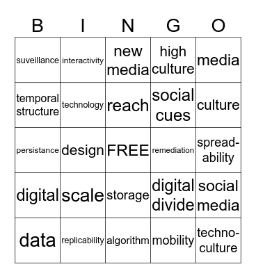 New Media Vocab Bingo Card