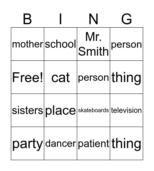 Nouns Bingo Card