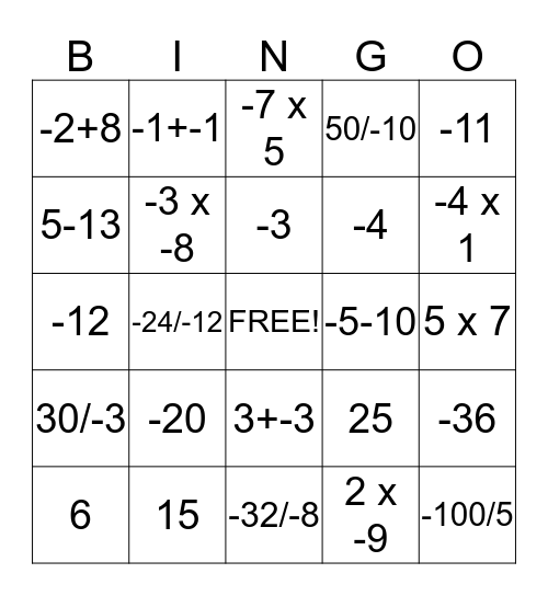 Integers Bingo Card