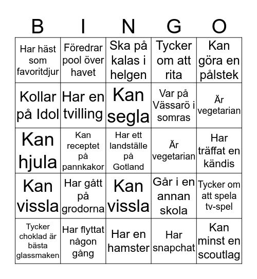 Kompisbingo! Bingo Card