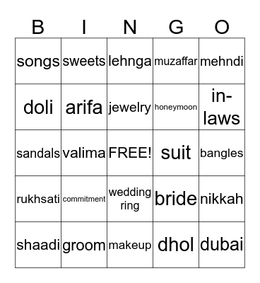 Arifa's Dholki Bingo Card