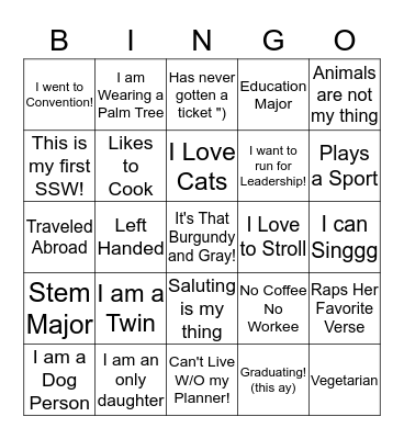Sister Bingo Card