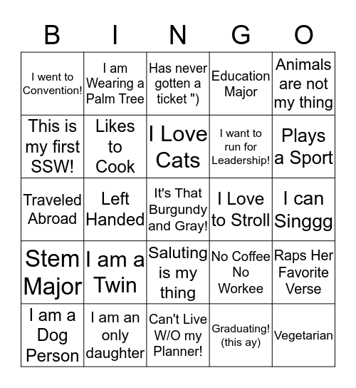 Sister Bingo Card