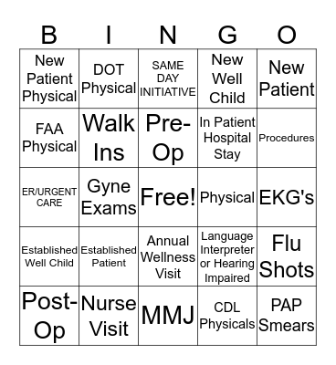 !PCP Visit Type Bingo! Bingo Card