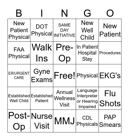 !PCP Visit Type Bingo! Bingo Card