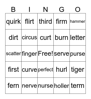 ir, ur, er Bingo Card