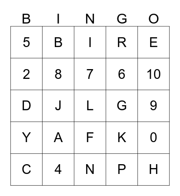 Number & Letter Bingo Card