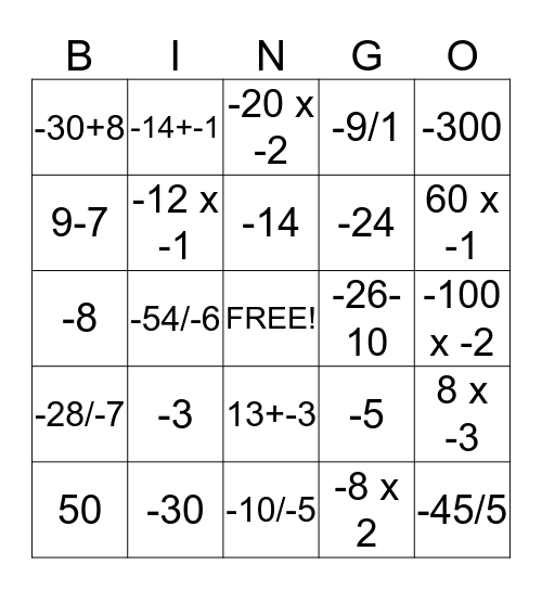 Integers Bingo Card