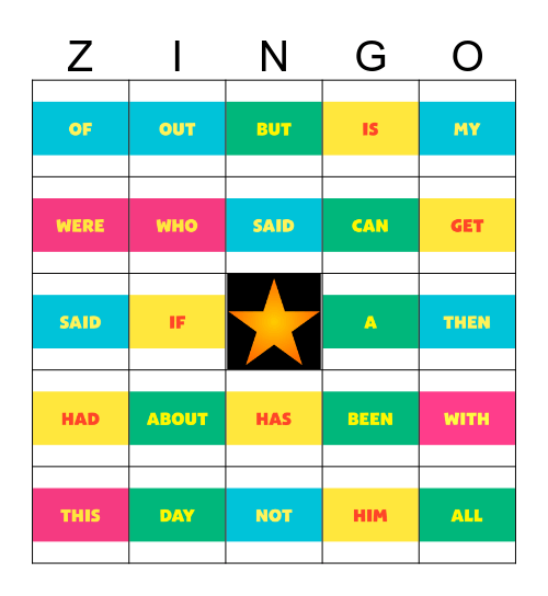 ZINGO Bingo Card