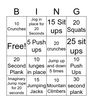 Fitness Bingo Card