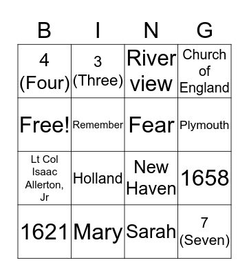 Allerton Family History Bingo Card