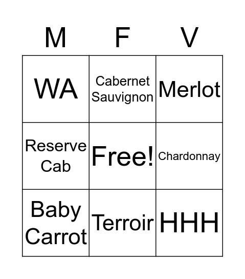 Mercer Family Vineyards Bingo Card