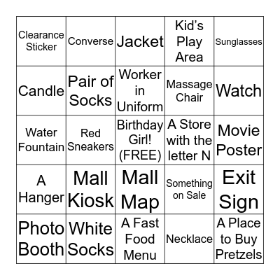 MALL BINGO!!! Bingo Card