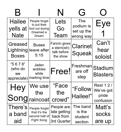 Friday Night Band Bingo! Bingo Card