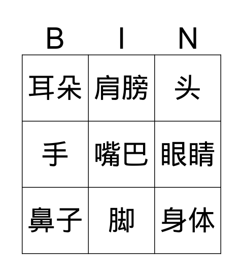 我的身体 Bingo Card