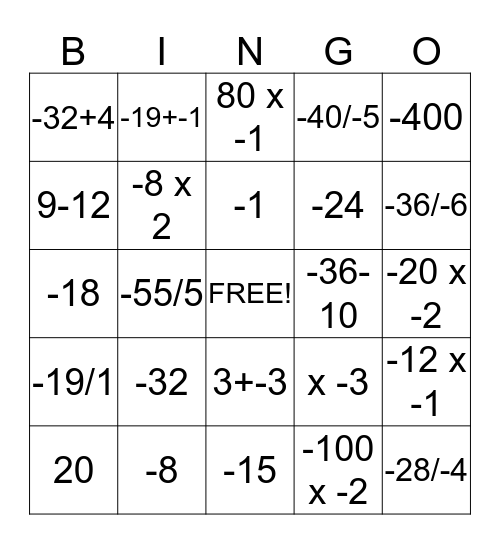 Integers Bingo Card