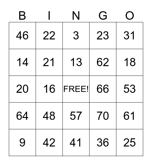 Math Bingo Card