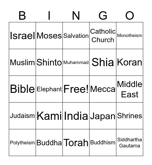 World Religions Terms Bingo Card