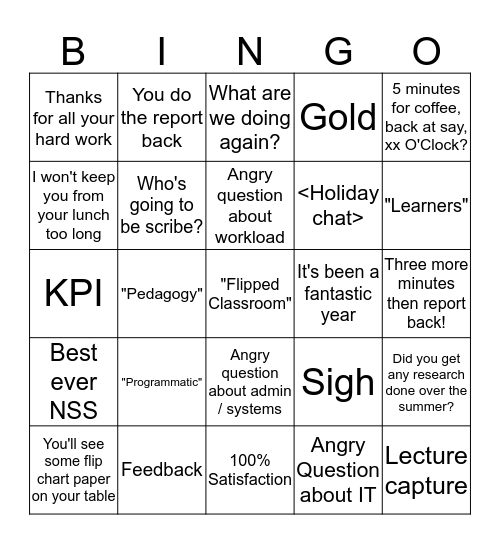 Faculty Away Day Bingo Card