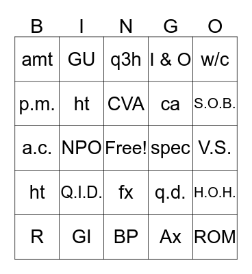 Medical Terminology Bingo Card