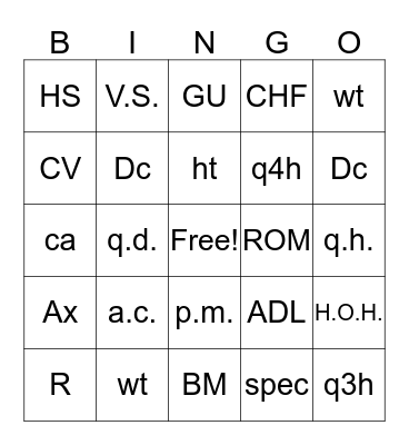 Medical Terminology Bingo Card