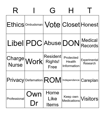 Resident Rights Bingo Card