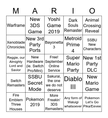 Nintendo Direct Bingo Card