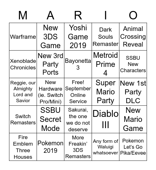 Nintendo Direct Bingo Card