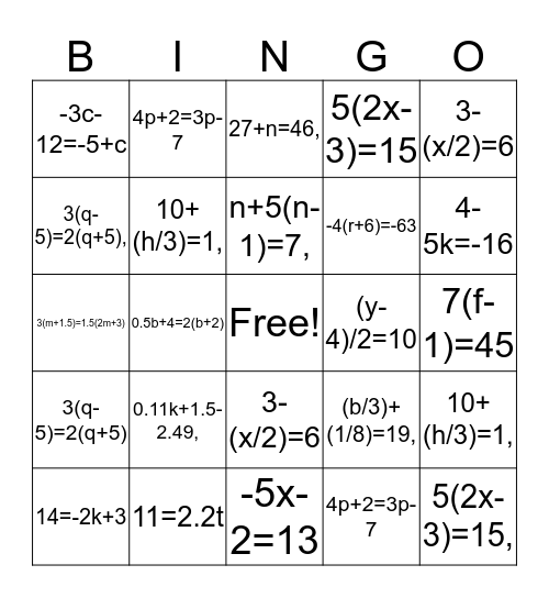 Solving Equations! Bingo Card