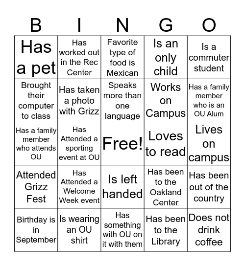 Welcome to OU Bingo Card