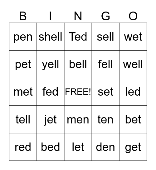 Short e Words Bingo Card