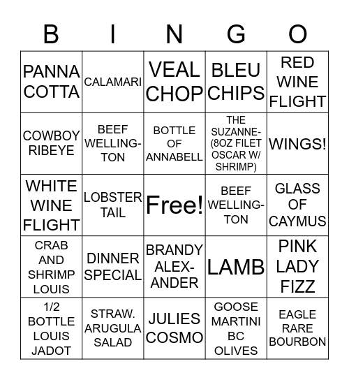 Dinner Bingo!  Bingo Card