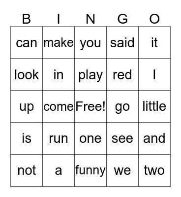 Sight word Bingo Card