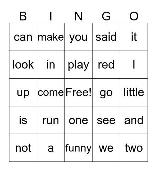 Sight word Bingo Card