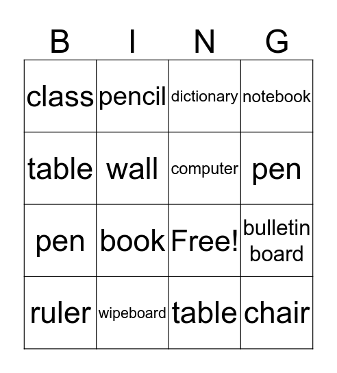 Classroom Objects Bingo Card