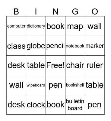 Classroom Objects Bingo Card