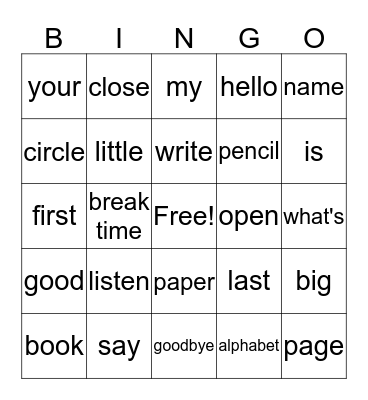 Word Bingo Card