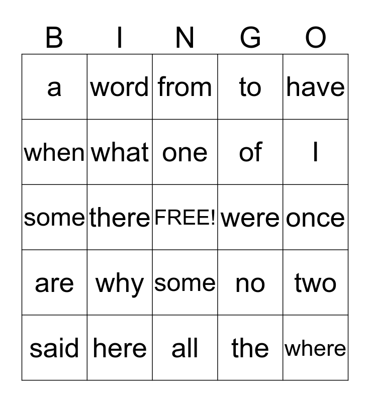 Tricky Word Bingo Card