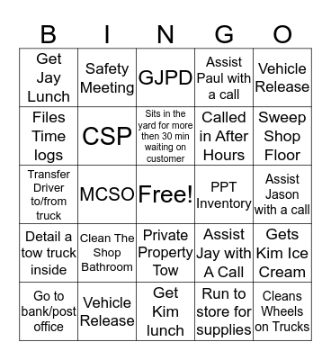 Dan's Towing Bingo Card