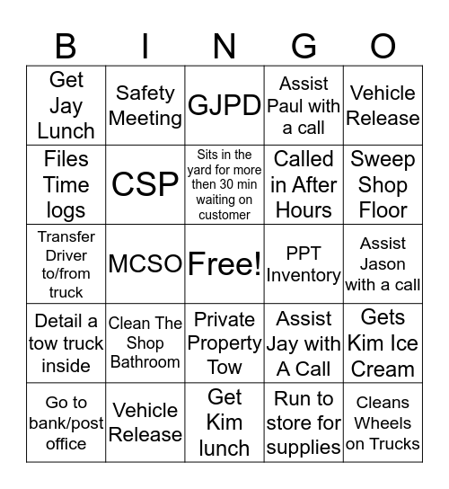 Dan's Towing Bingo Card