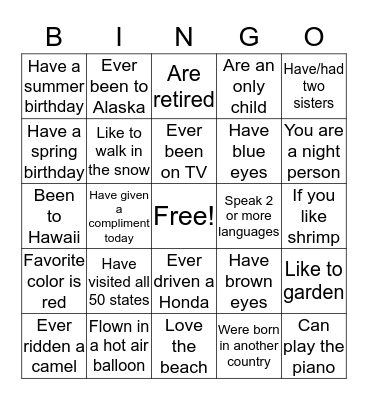 Getting to Know You Bingo Card