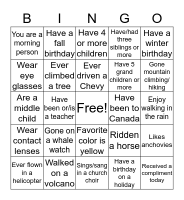 Getting to Know You Bingo Card